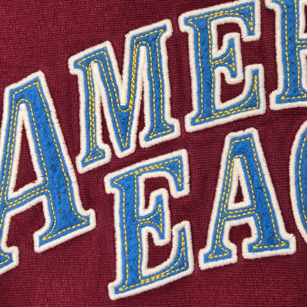 VTG Y2K American Eagle Hoodie Maroon Varsity Logo Cotton Fleece Pullover Mens M